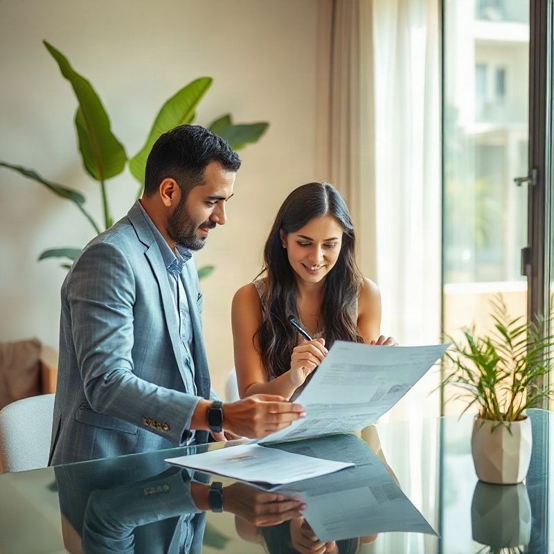 Cliente e consultora comparando fichas de apartamentos à mesa em Salvador