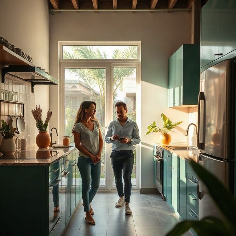 Real estate agent accompanying a viewing of an apartment kitchen in Salvador